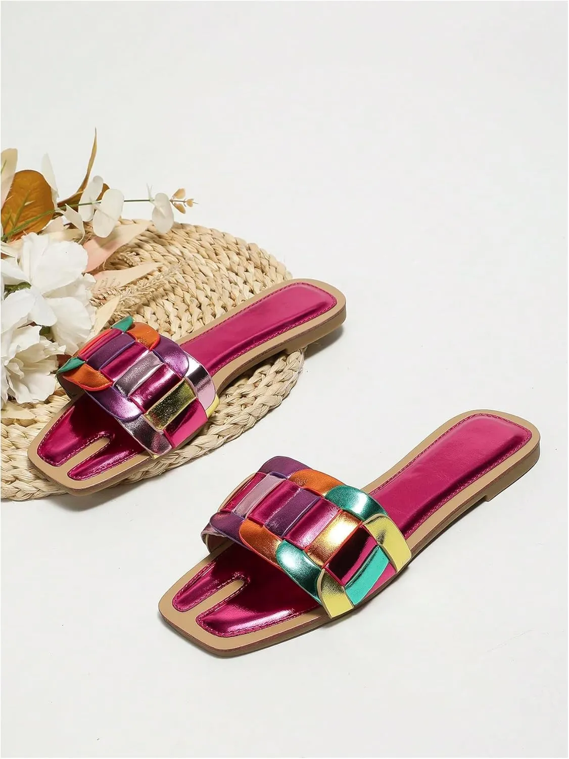 GORGLITTER Women's Metallic Flat Sandals Dressy Slippers Sparkly Summer Cute Open Toe Slip on Slides Beach Sandal 2025