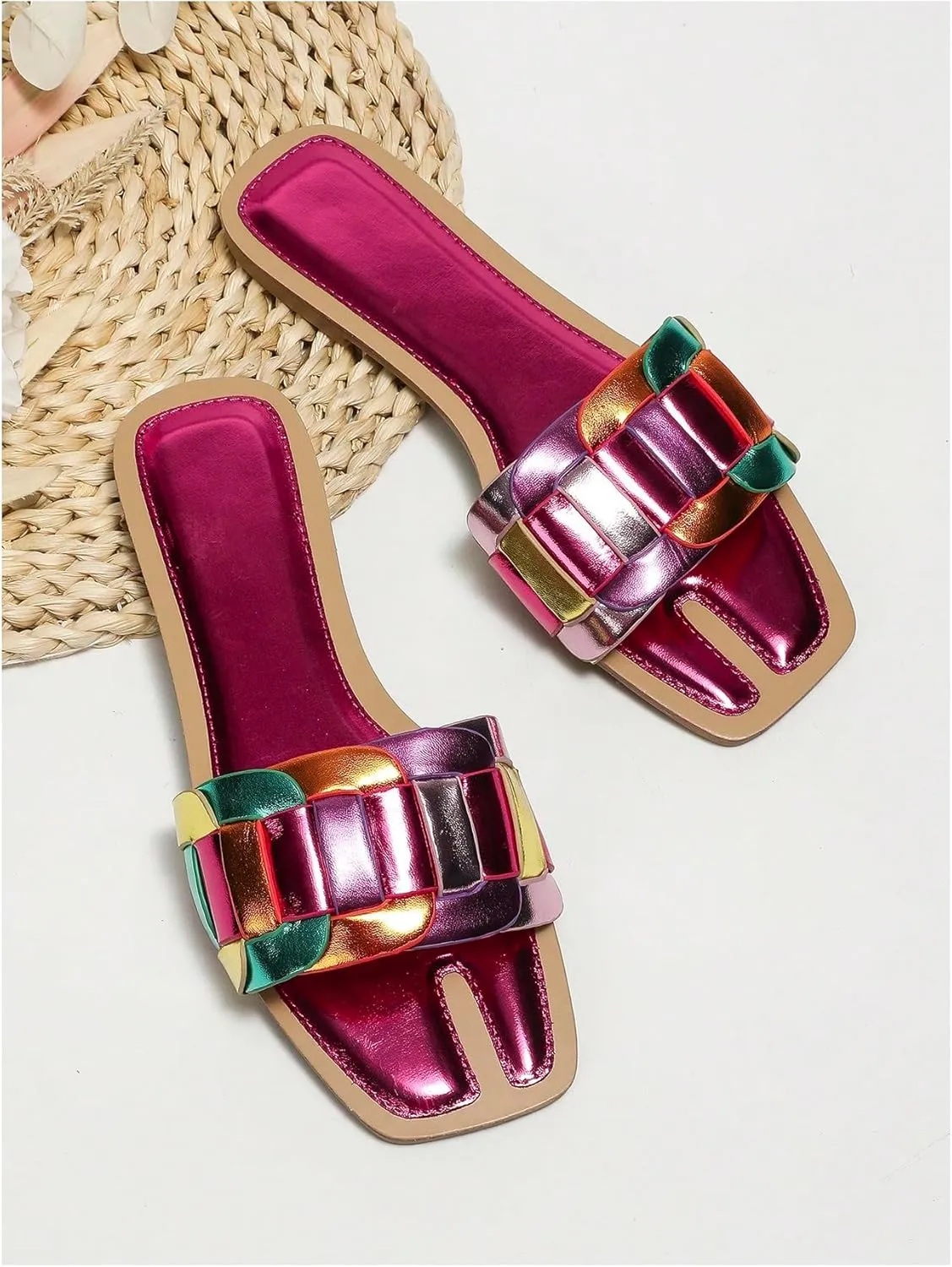 GORGLITTER Women's Metallic Flat Sandals Dressy Slippers Sparkly Summer Cute Open Toe Slip on Slides Beach Sandal 2025