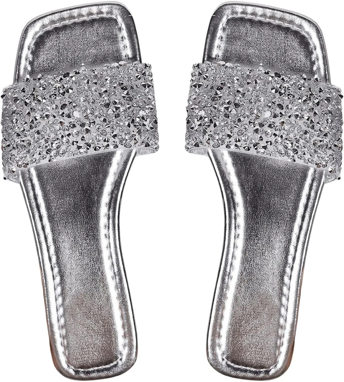 GORGLITTER Women's Sparkly Sequin Flat Sandals Open Square Toe Wide Slide Sandals