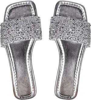 GORGLITTER Women's Sparkly Sequin Flat Sandals Open Square Toe Wide Slide Sandals