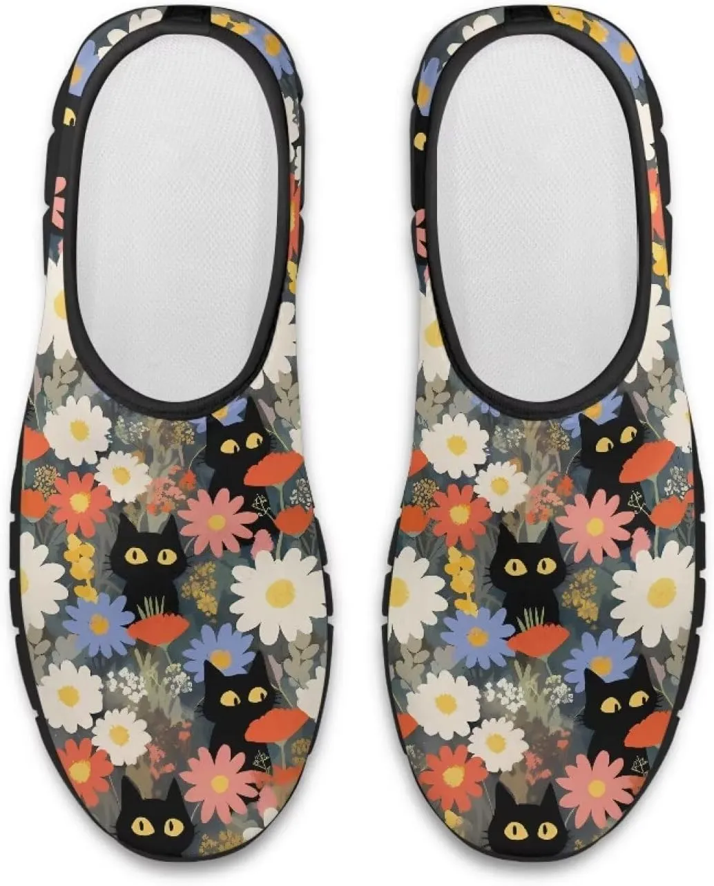 GOSTONG Floral Art Sneakers for Women Comfy Soft Sole Non Slip Walking Sneakers for Outdoor Travel Easy Slip on Lightweight Indoor Loafers Black US 5.5-11.5
