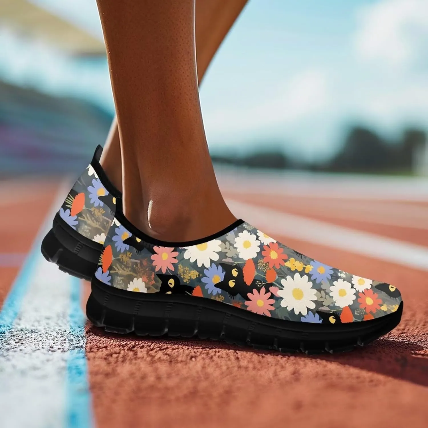 GOSTONG Floral Art Sneakers for Women Comfy Soft Sole Non Slip Walking Sneakers for Outdoor Travel Easy Slip on Lightweight Indoor Loafers Black US 5.5-11.5