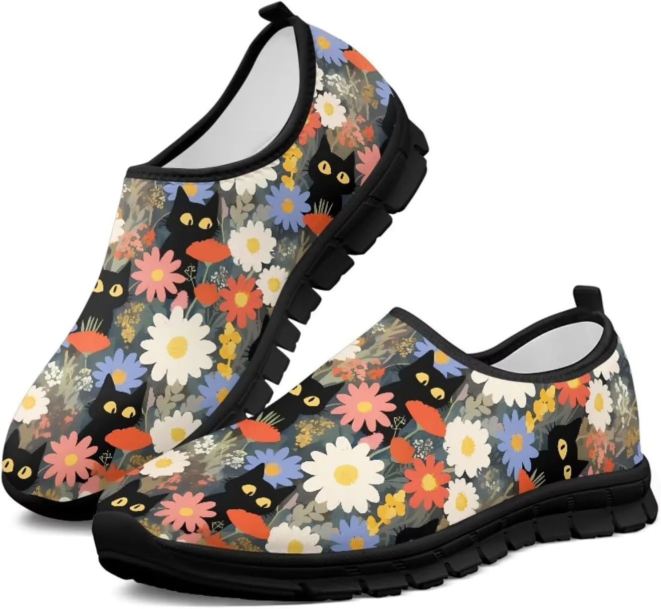 GOSTONG Floral Art Sneakers for Women Comfy Soft Sole Non Slip Walking Sneakers for Outdoor Travel Easy Slip on Lightweight Indoor Loafers Black US 5.5-11.5