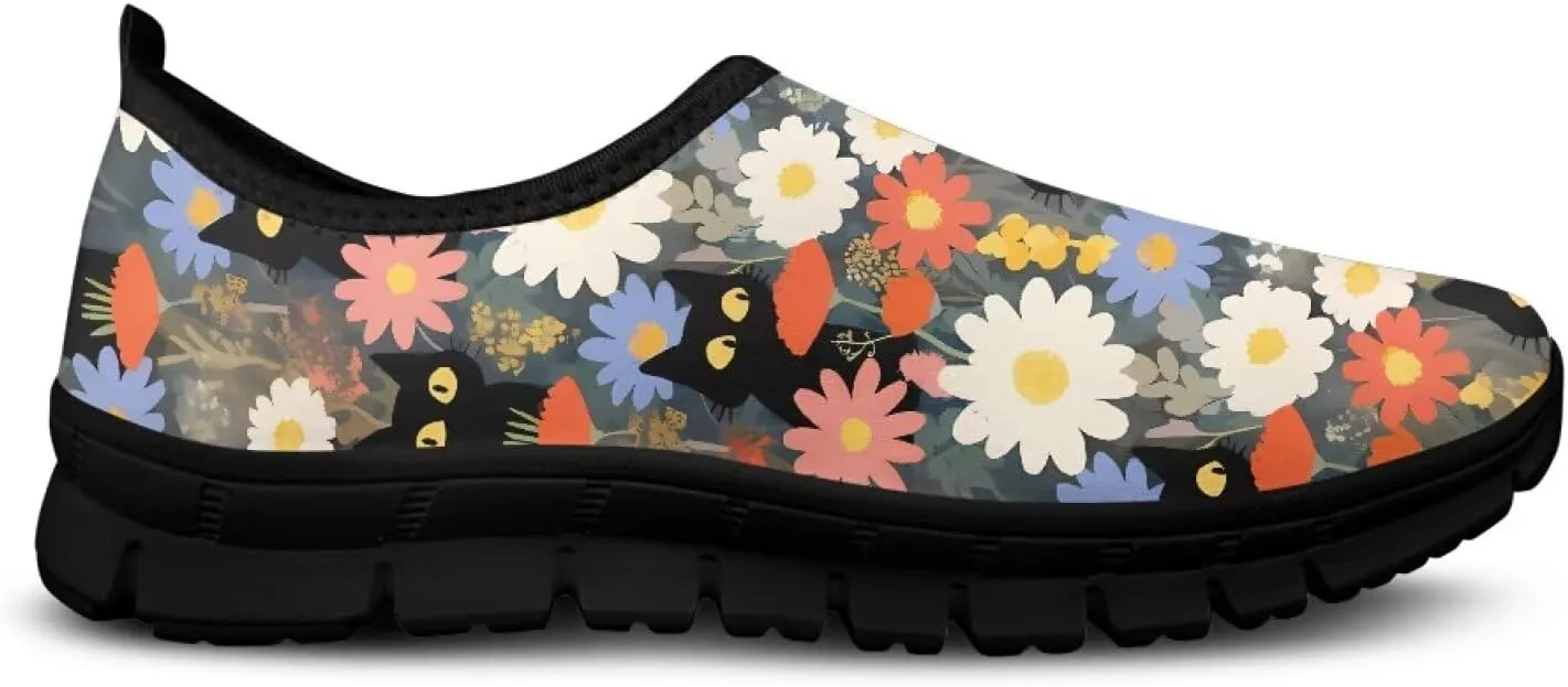 GOSTONG Floral Art Sneakers for Women Comfy Soft Sole Non Slip Walking Sneakers for Outdoor Travel Easy Slip on Lightweight Indoor Loafers Black US 5.5-11.5