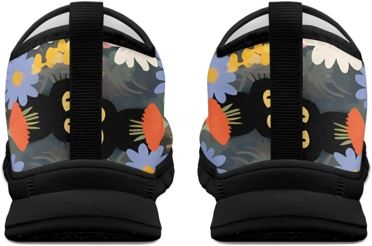 GOSTONG Floral Art Sneakers for Women Comfy Soft Sole Non Slip Walking Sneakers for Outdoor Travel Easy Slip on Lightweight Indoor Loafers Black US 5.5-11.5