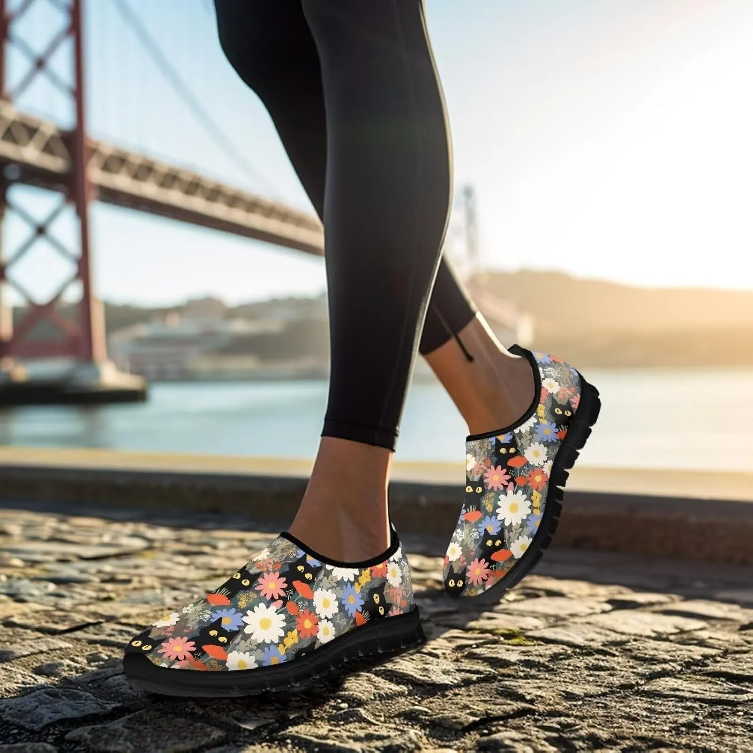 GOSTONG Floral Art Sneakers for Women Comfy Soft Sole Non Slip Walking Sneakers for Outdoor Travel Easy Slip on Lightweight Indoor Loafers Black US 5.5-11.5