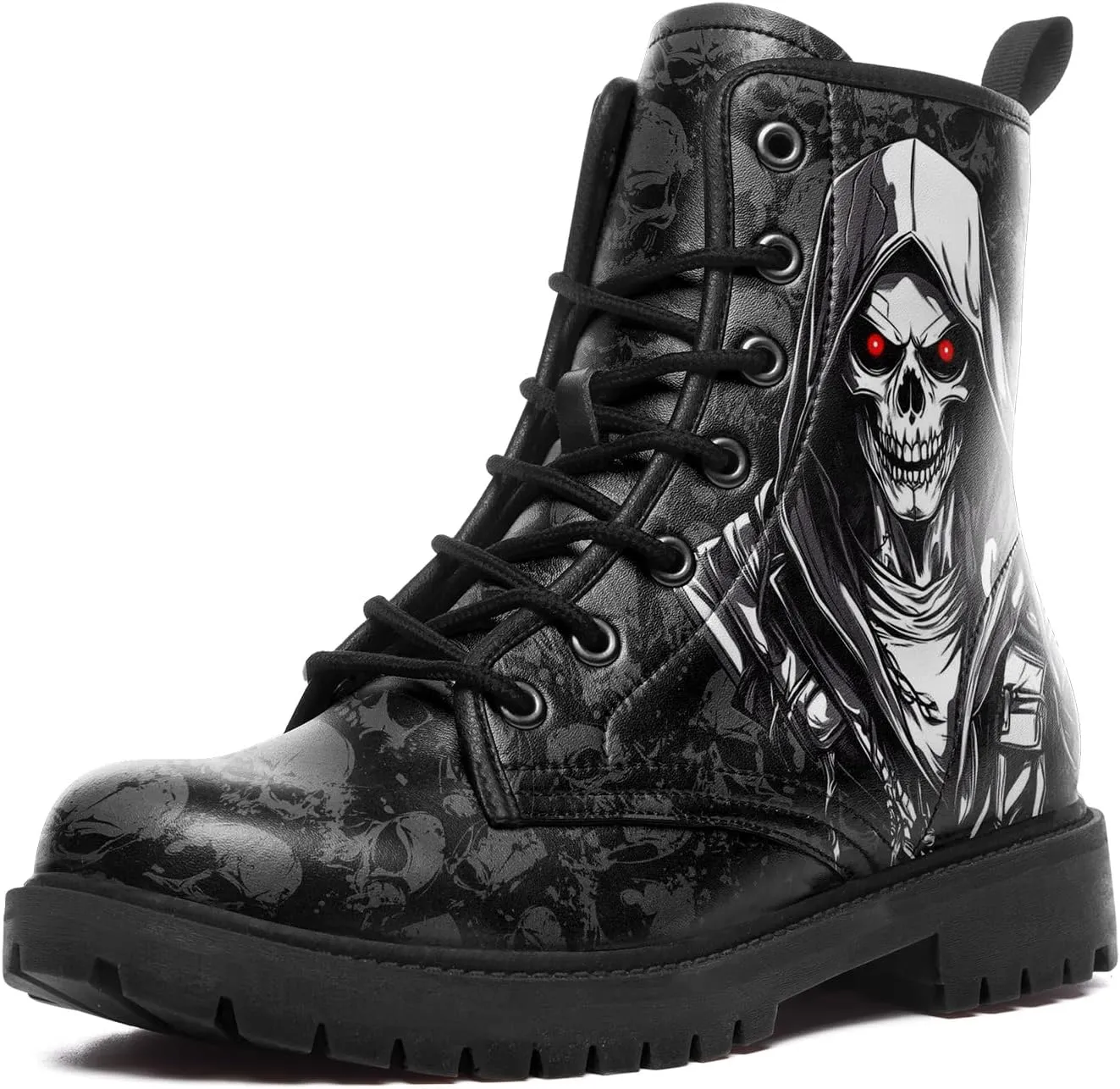 Gothic Combat Boots Skull Lace-Up Ankle Booties Fashion Motorcycle Boot Leather Work Boots for Men & Women