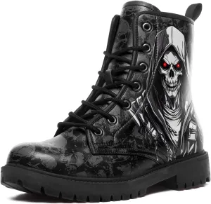Gothic Combat Boots Skull Lace-Up Ankle Booties Fashion Motorcycle Boot Leather Work Boots for Men & Women
