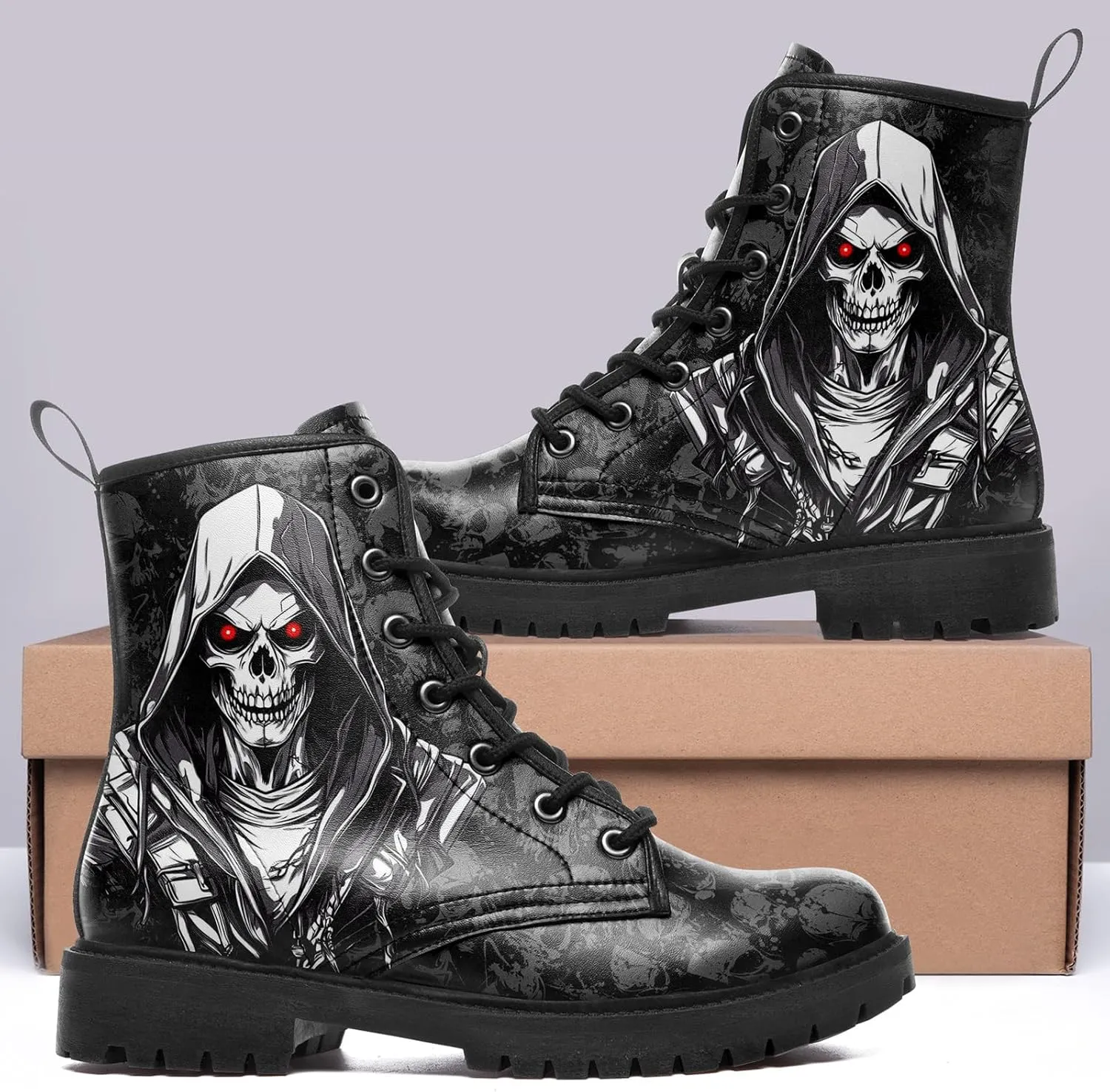 Gothic Combat Boots Skull Lace-Up Ankle Booties Fashion Motorcycle Boot Leather Work Boots for Men & Women