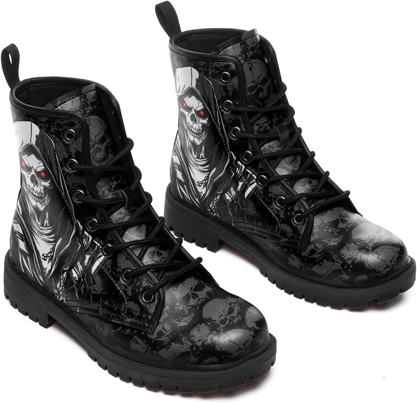 Gothic Combat Boots Skull Lace-Up Ankle Booties Fashion Motorcycle Boot Leather Work Boots for Men & Women