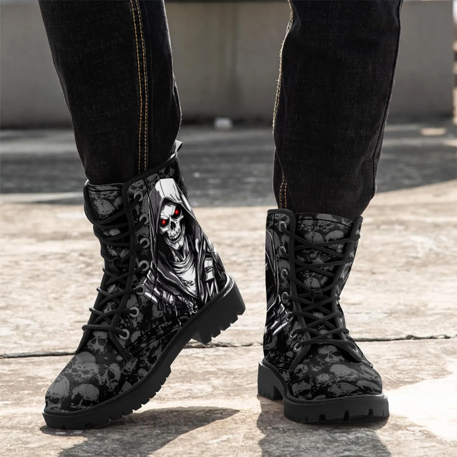 Gothic Combat Boots Skull Lace-Up Ankle Booties Fashion Motorcycle Boot Leather Work Boots for Men & Women
