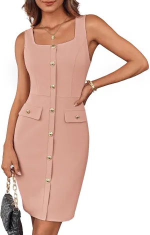 GRACE KARIN 2025 Women's Buttons Belted Square Neck Business Work Dress Sleeveless Bodycon Midi Dress