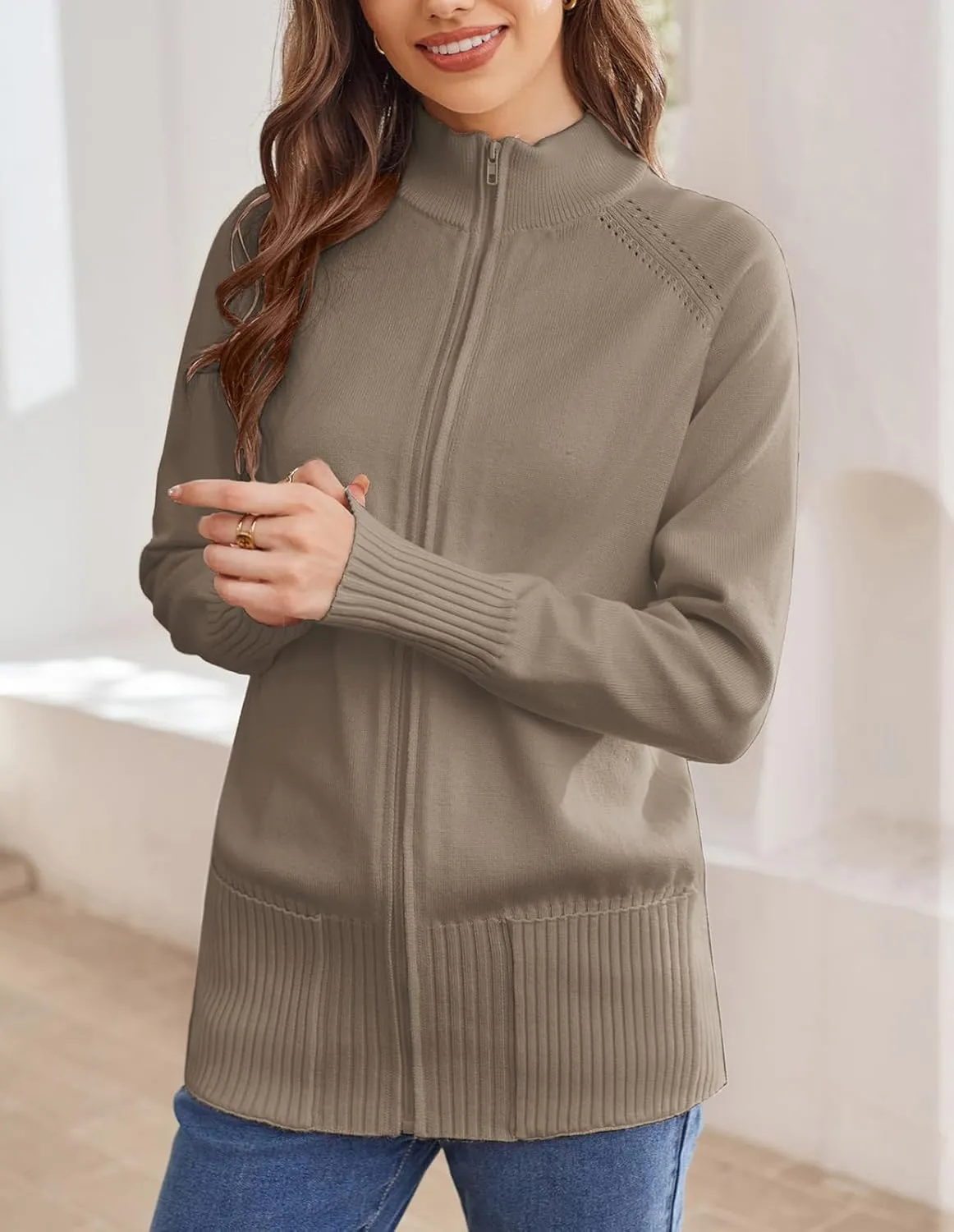 GRACE KARIN Women's Long Sleeve Zip Up Knit Cardigan with Pockets Stand Collar Full Zip Sweater Coat Lightweight