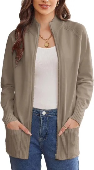 GRACE KARIN Women's Long Sleeve Zip Up Knit Cardigan with Pockets Stand Collar Full Zip Sweater Coat Lightweight
