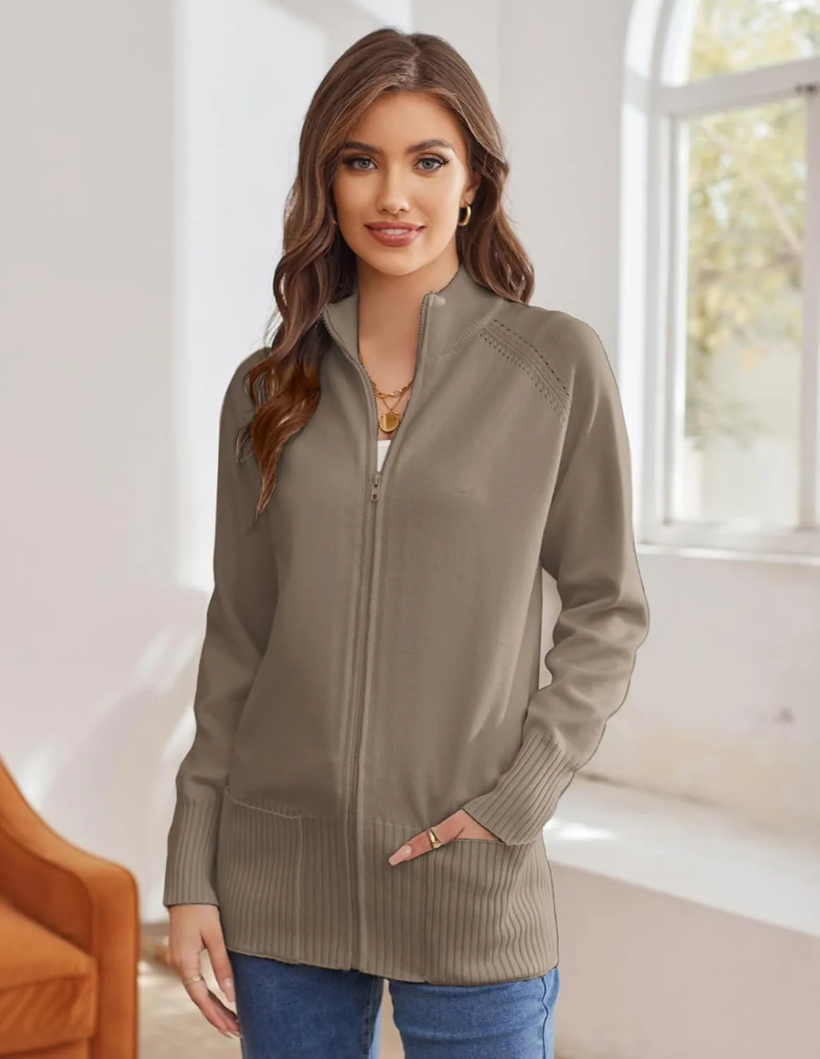 GRACE KARIN Women's Long Sleeve Zip Up Knit Cardigan with Pockets Stand Collar Full Zip Sweater Coat Lightweight