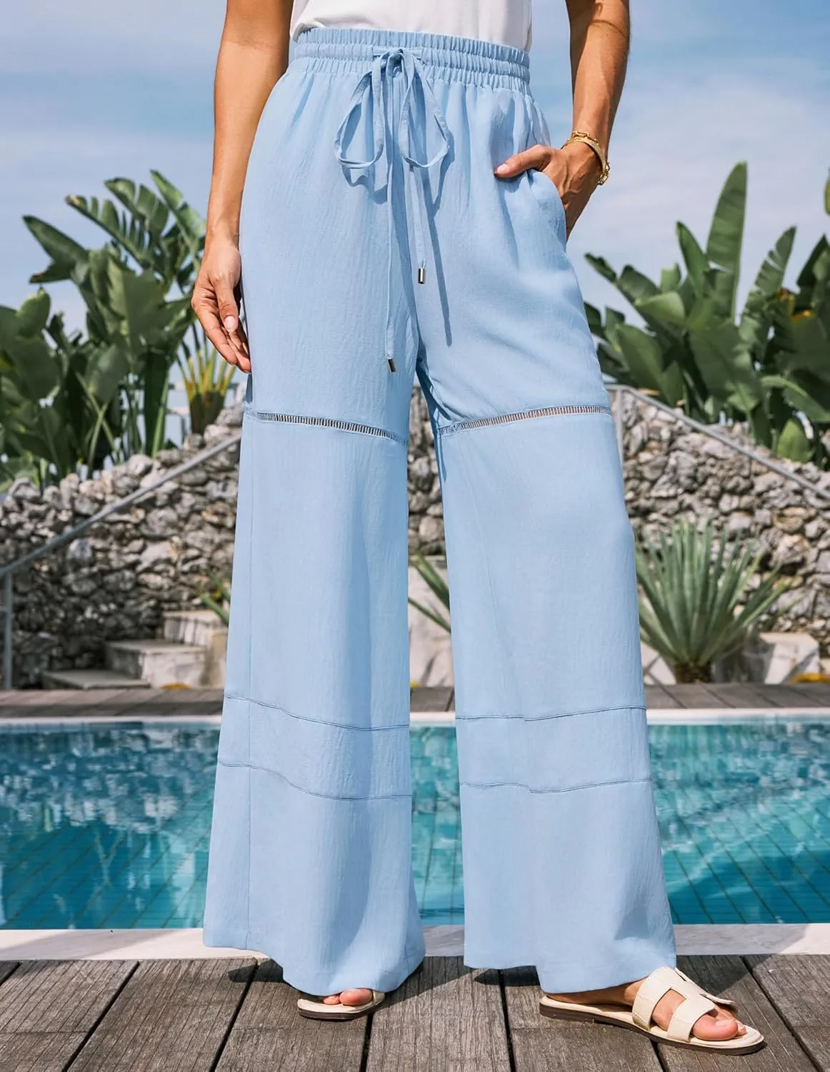 GRACE KARIN Women's Summer Palazzo Pants Vacation Outfits High Waisted Hollow Out Wide Leg Trouser with Pockets