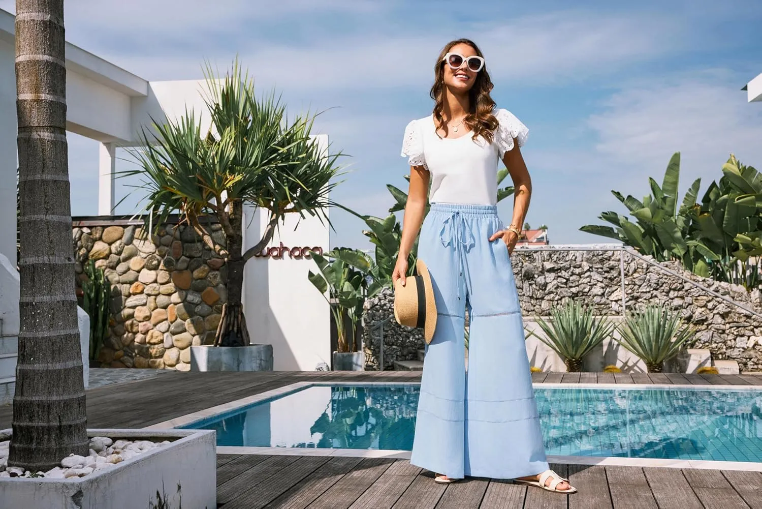 GRACE KARIN Women's Summer Palazzo Pants Vacation Outfits High Waisted Hollow Out Wide Leg Trouser with Pockets