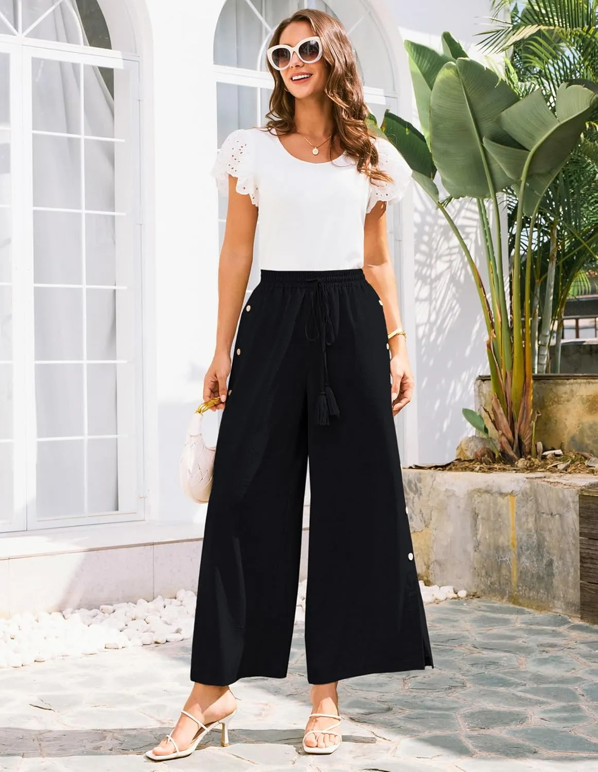 GRACE KARIN Women's Summer Wide Leg Pants High Waisted Palazzo Pants Caual Flowy Beach Trousers with Pockets