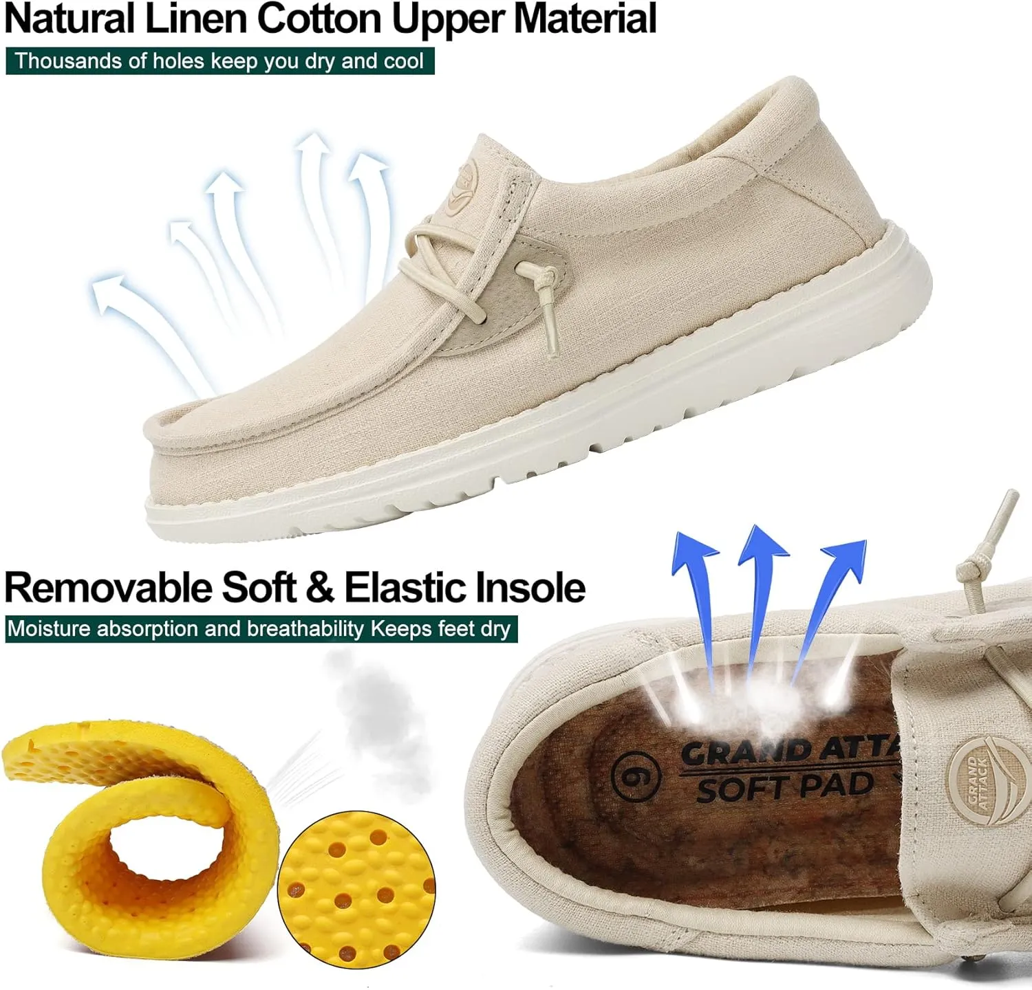 Grand Attack Walking Shoes for Women-Slip On Loafers,Linen Work Boat Shoes,Comfort&Lightweight,for Home Shopping,Dating,Driving,Traveling Shoes