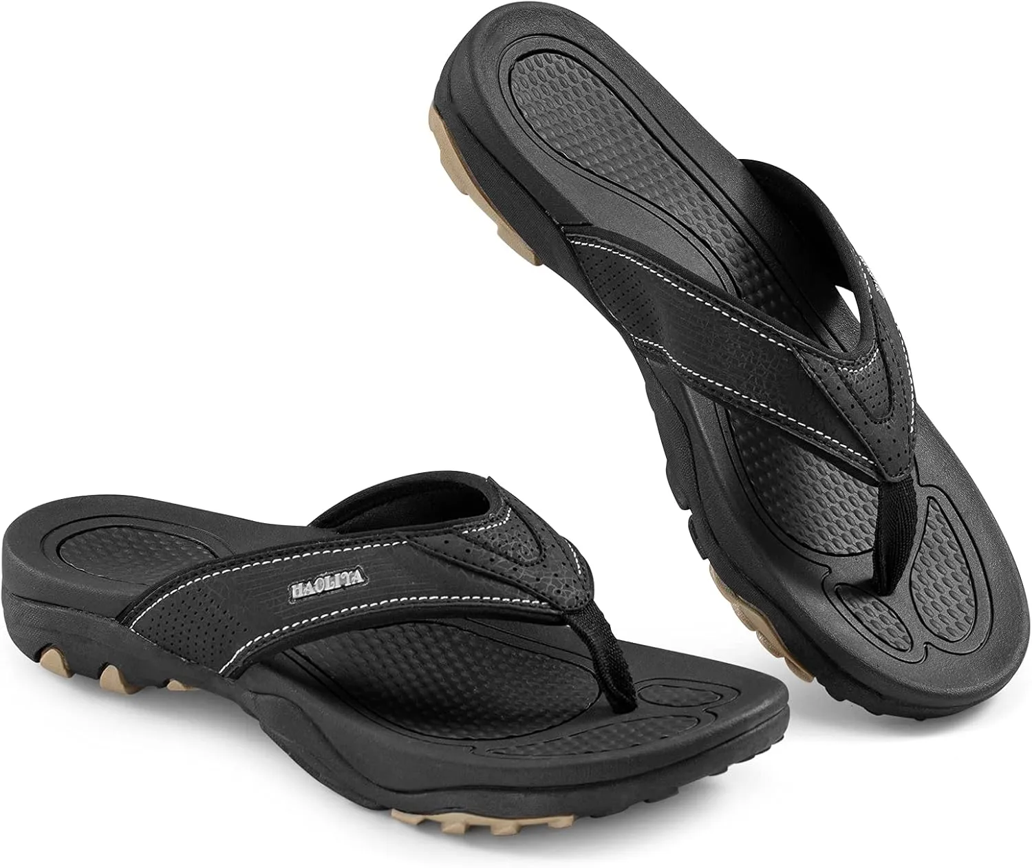 HAOLIRA Mens Leather Flip Flops with Arch Support Comfortable Cushion Thong Sandals Lightweight Waterproof Outdoor Summer Beach Pool Shoes