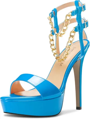 HDEUOLM Women Stiletto High Platform Heel Peep Open Toe Sandals Ankle Strap Metal Chain Party Dress 4.7 Inches Heels