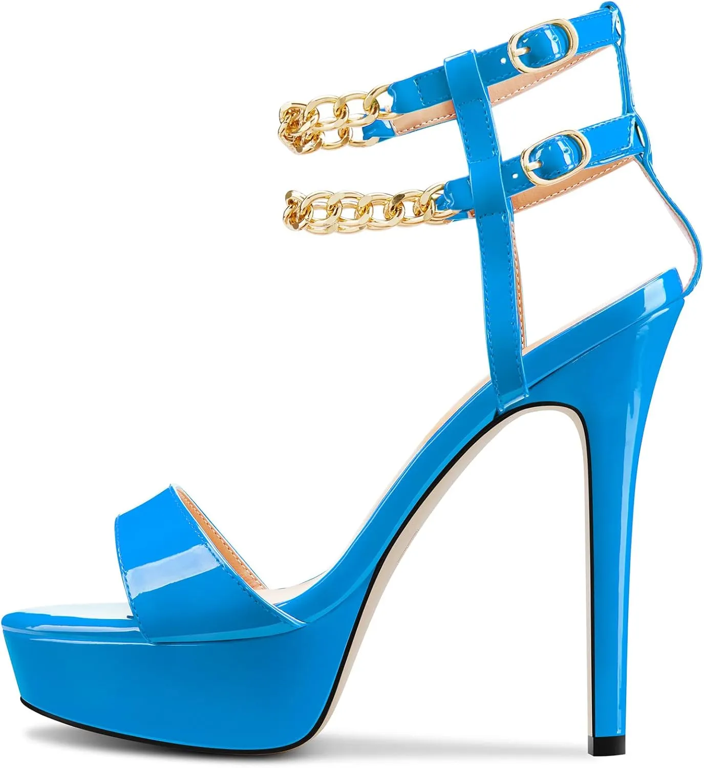 HDEUOLM Women Stiletto High Platform Heel Peep Open Toe Sandals Ankle Strap Metal Chain Party Dress 4.7 Inches Heels
