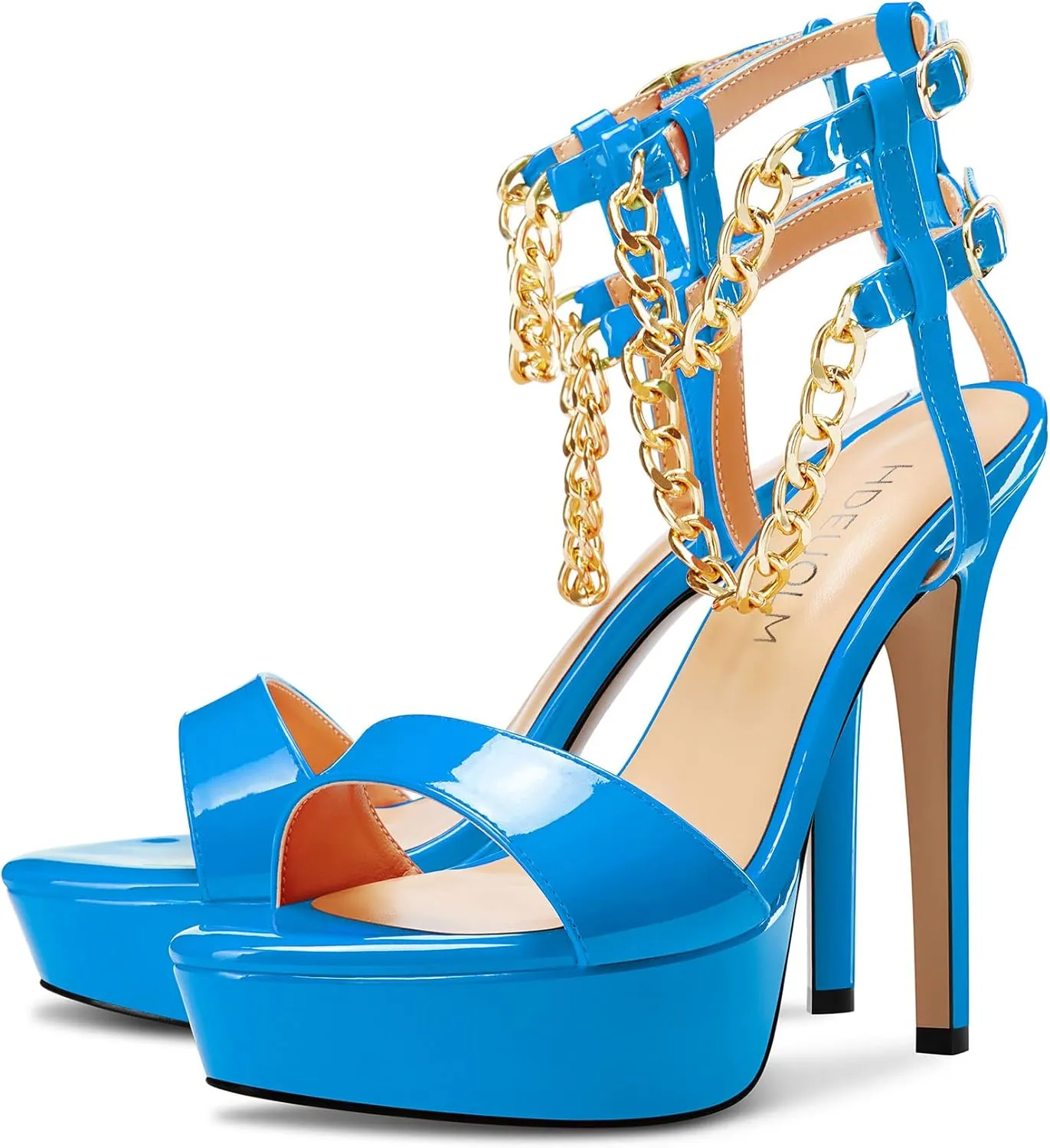 HDEUOLM Women Stiletto High Platform Heel Peep Open Toe Sandals Ankle Strap Metal Chain Party Dress 4.7 Inches Heels