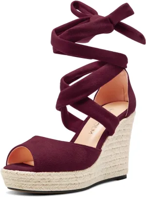 HDEUOLM Womens High Wedge Platform Heel Peep Open Toe Sandals Lace-up Prom Cute 3.9 Inches Heels