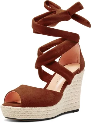 HDEUOLM Womens High Wedge Platform Heel Peep Open Toe Sandals Lace-up Prom Cute 3.9 Inches Heels