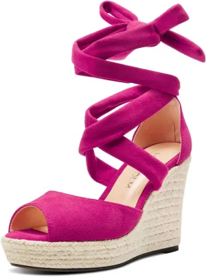 HDEUOLM Womens High Wedge Platform Heel Peep Open Toe Sandals Lace-up Prom Cute 3.9 Inches Heels