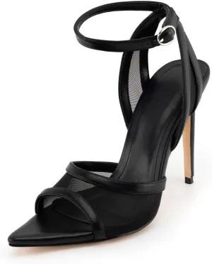 heelchic Black Mesh Heels for Women Dressy, Strappy Heeled Sandals Pointed Toe with Ankle Strap, Slingback Mesh Pumps Prom Sexy High Heels