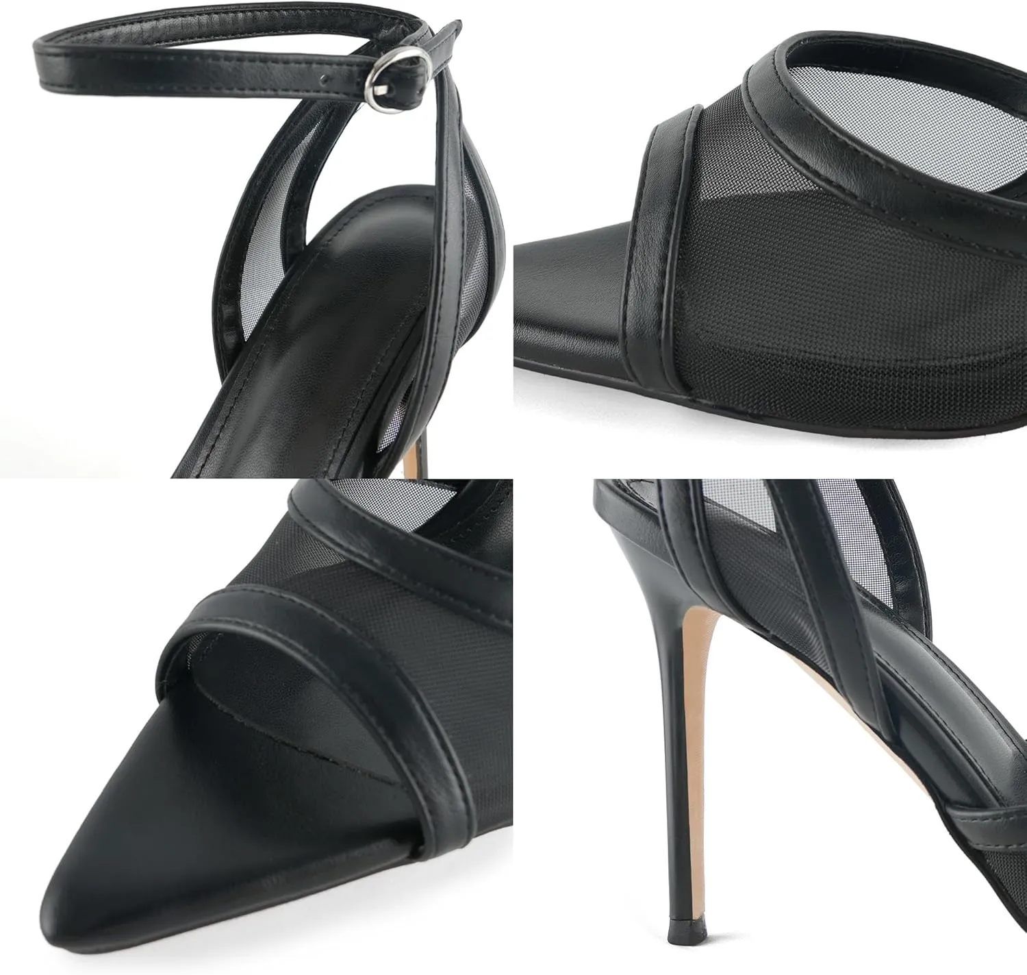 heelchic Black Mesh Heels for Women Dressy, Strappy Heeled Sandals Pointed Toe with Ankle Strap, Slingback Mesh Pumps Prom Sexy High Heels