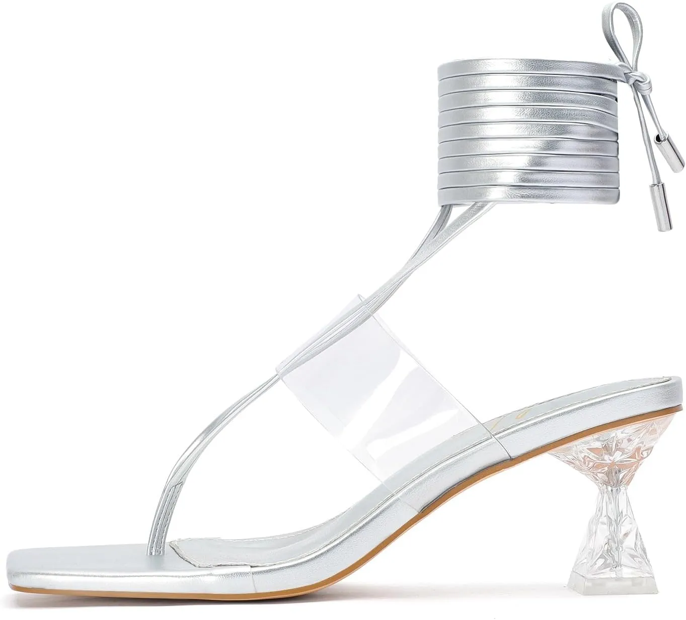 Heels for Women Square Open Toe Lace Up Thong Strappy Heel Sandals Sexy Tie Up Clear Chunky Heeled Sandals for Party Wedding