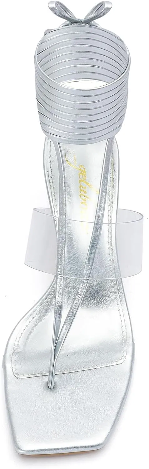 Heels for Women Square Open Toe Lace Up Thong Strappy Heel Sandals Sexy Tie Up Clear Chunky Heeled Sandals for Party Wedding