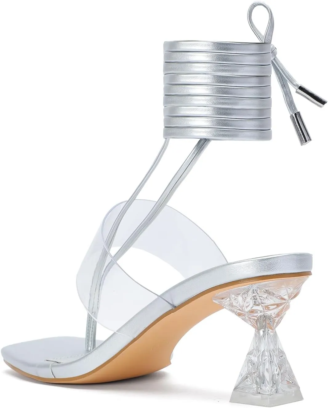 Heels for Women Square Open Toe Lace Up Thong Strappy Heel Sandals Sexy Tie Up Clear Chunky Heeled Sandals for Party Wedding