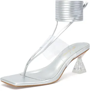 Heels for Women Square Open Toe Lace Up Thong Strappy Heel Sandals Sexy Tie Up Clear Chunky Heeled Sandals for Party Wedding