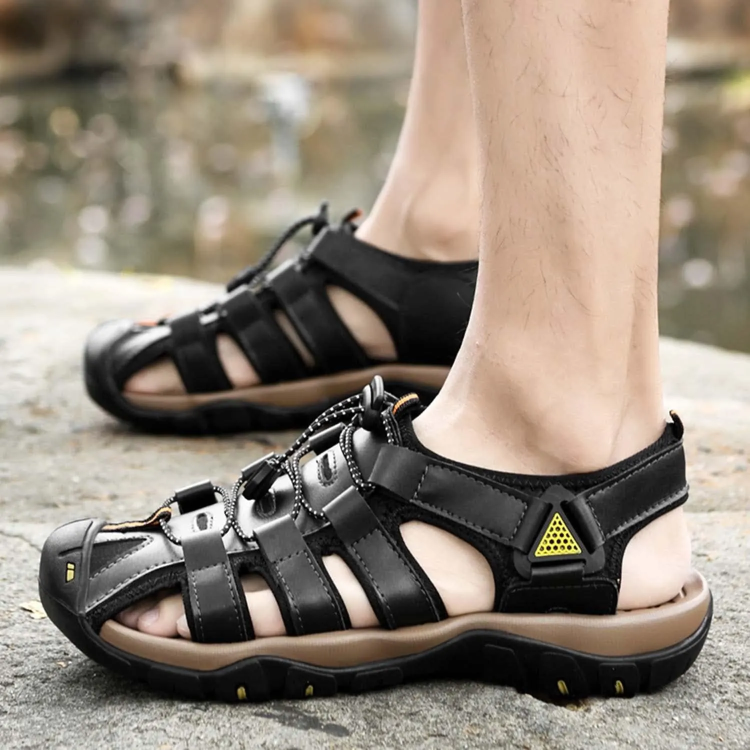 HESBITEUL Men's Sport Sandals Outdoor Hiking Sandals Closed Toe Leather Athletic Lightweight Trail Walking Casual Sandals Water Arch Support & Non-slipping Outsole