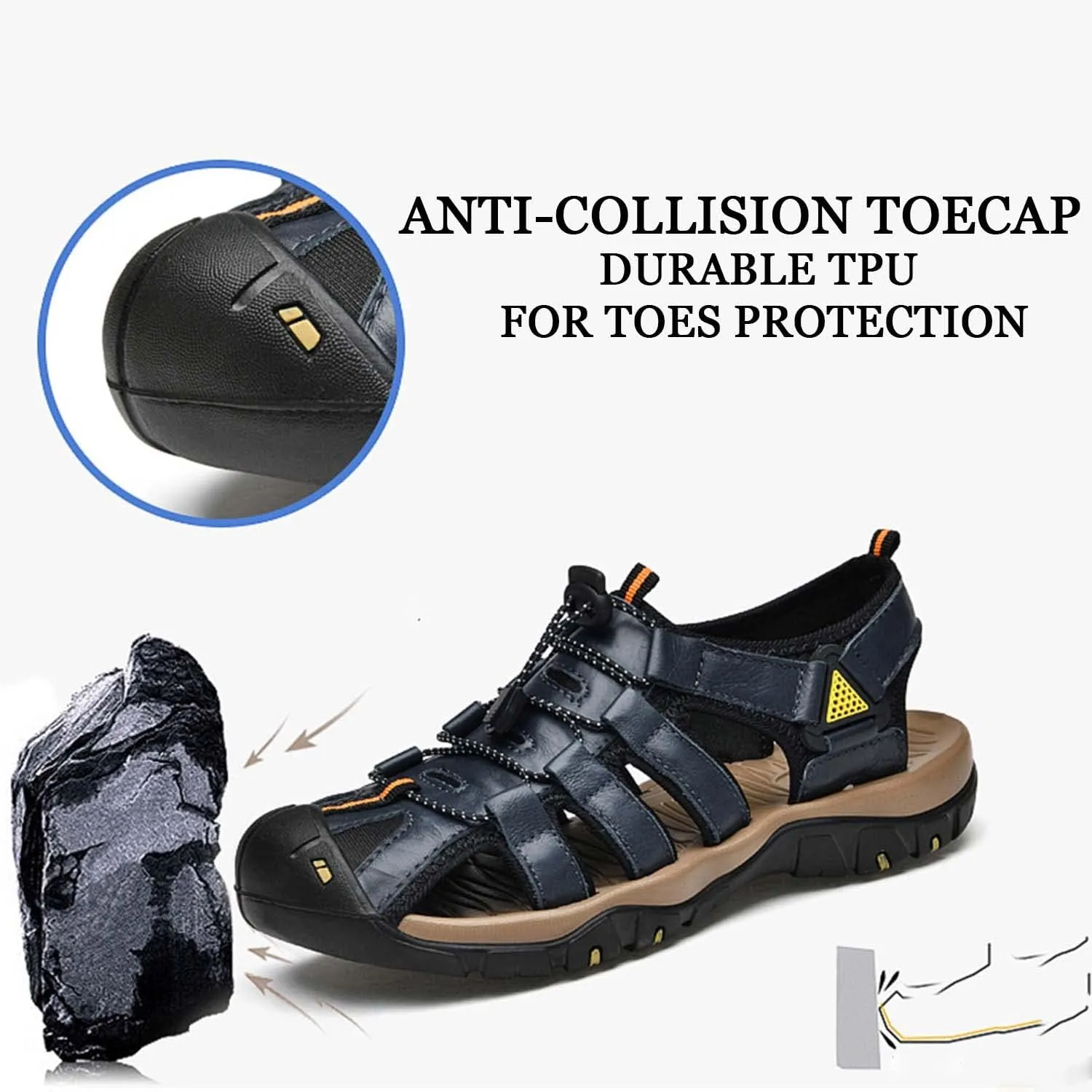 HESBITEUL Men's Sport Sandals Outdoor Hiking Sandals Closed Toe Leather Athletic Lightweight Trail Walking Casual Sandals Water Arch Support & Non-slipping Outsole