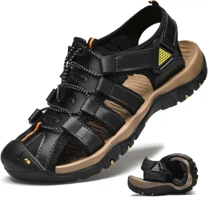 HESBITEUL Men's Sport Sandals Outdoor Hiking Sandals Closed Toe Leather Athletic Lightweight Trail Walking Casual Sandals Water Arch Support & Non-slipping Outsole