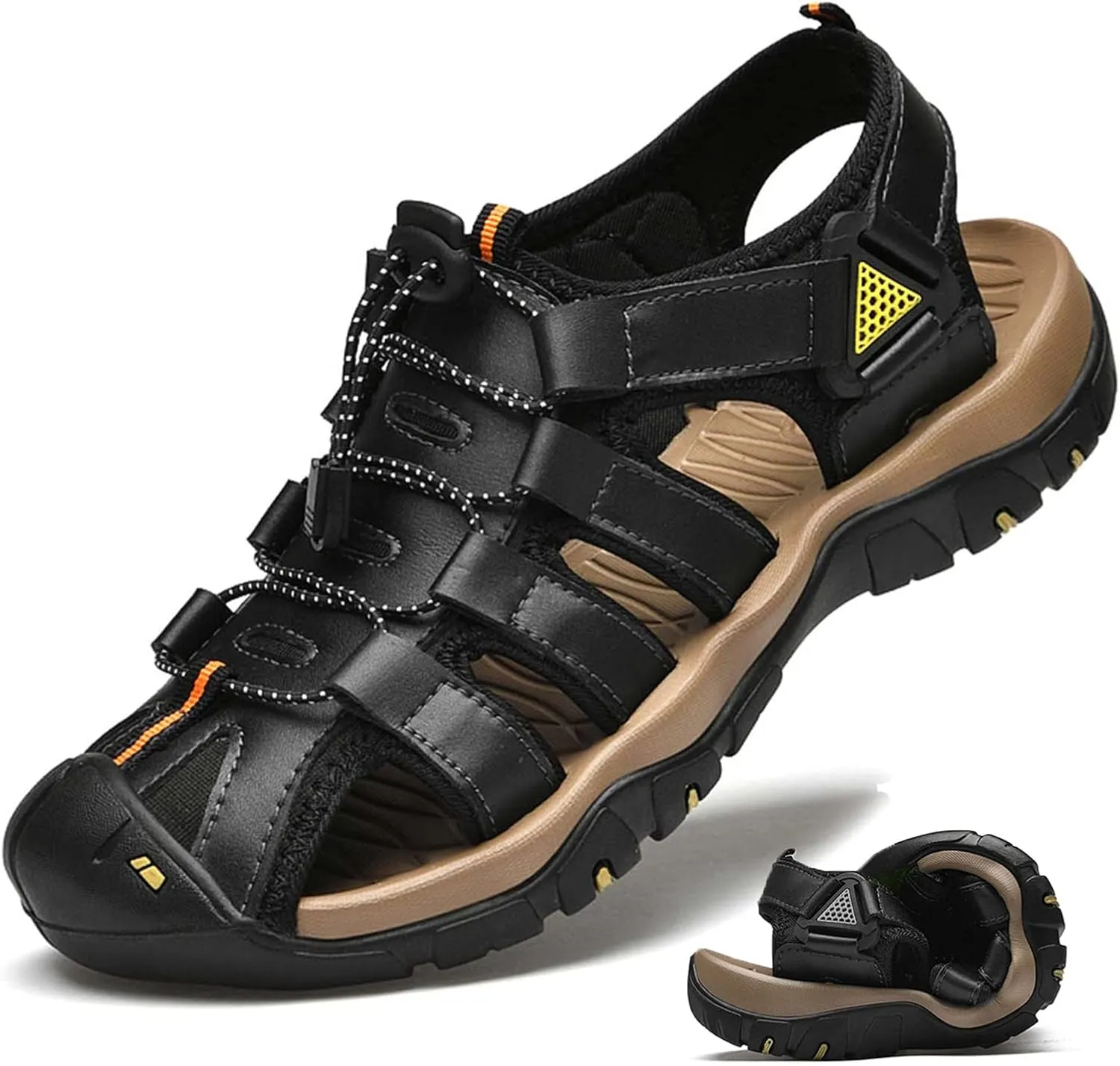 HESBITEUL Men's Sport Sandals Outdoor Hiking Sandals Closed Toe Leather Athletic Lightweight Trail Walking Casual Sandals Water Arch Support & Non-slipping Outsole
