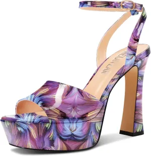 HEUIVZAR Womens Peep Open Square Toe Stiletto High Heel Ankle Strap Platform Sandals Prom Dress Shoes Patent Leather 4.7 Inches Heels
