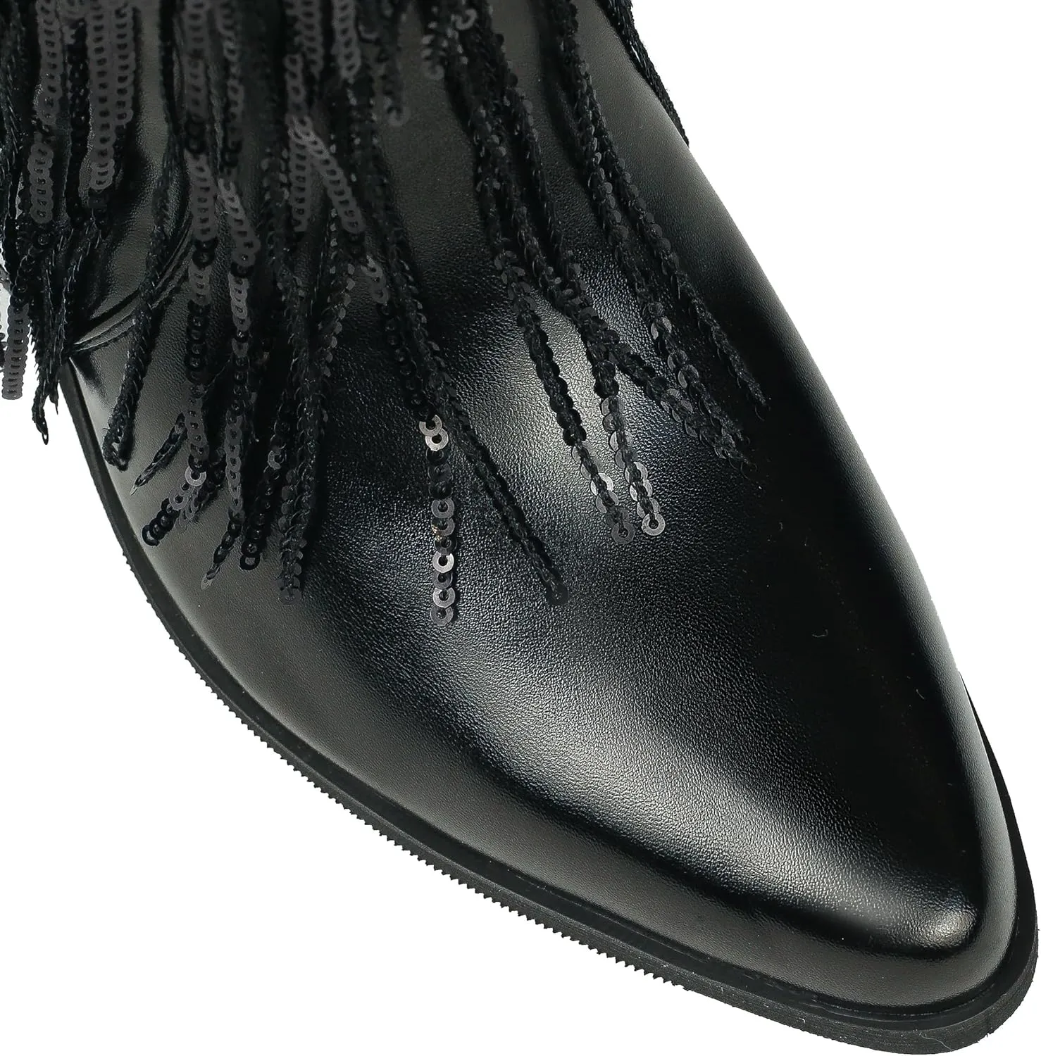 HiColor women's leather-like thick-heeled western pointed booties Black tassels & sequins decorated fashionable boots