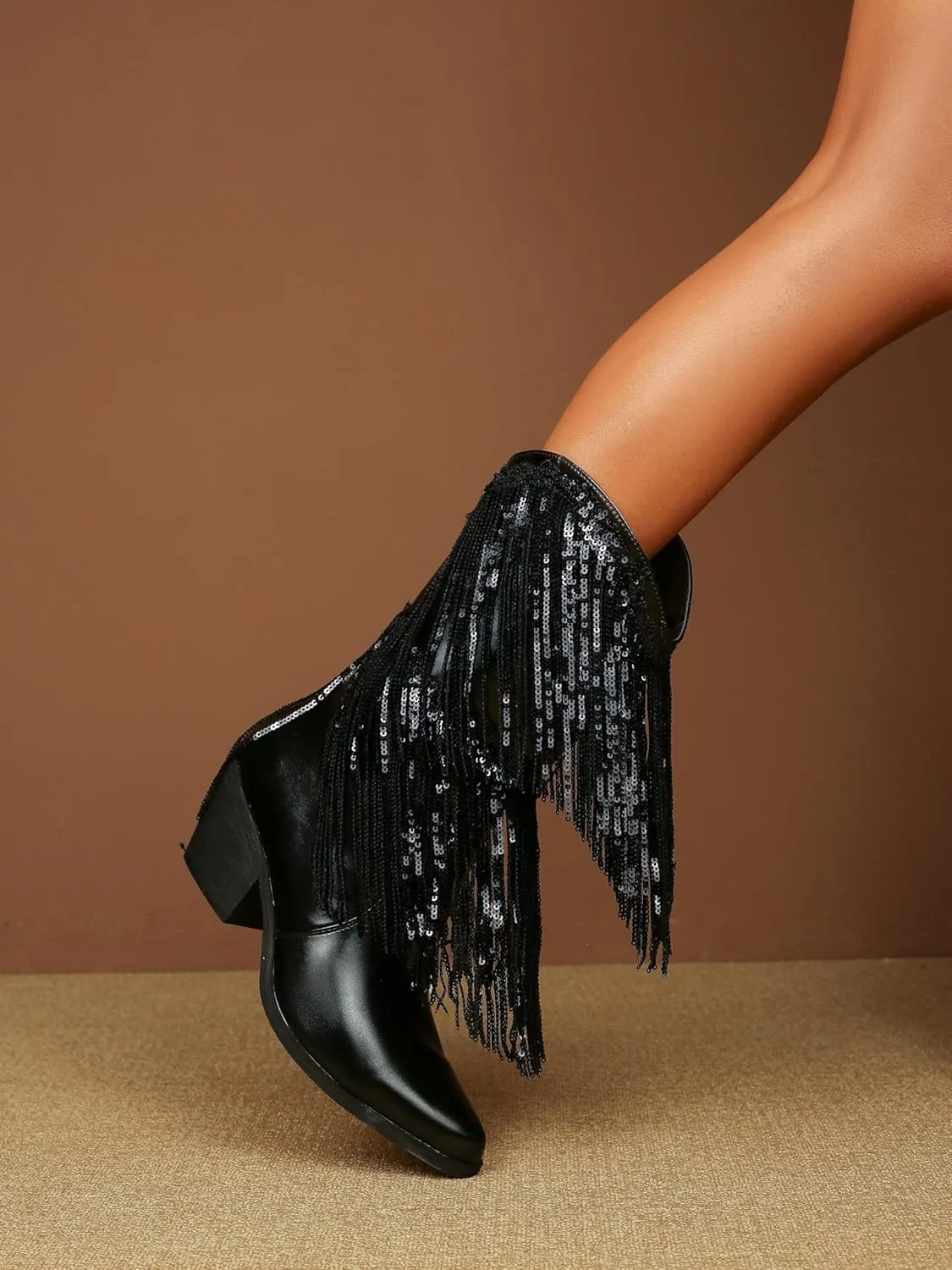 HiColor women's leather-like thick-heeled western pointed booties Black tassels & sequins decorated fashionable boots