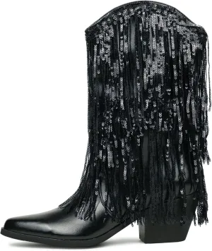 HiColor women's leather-like thick-heeled western pointed booties Black tassels & sequins decorated fashionable boots