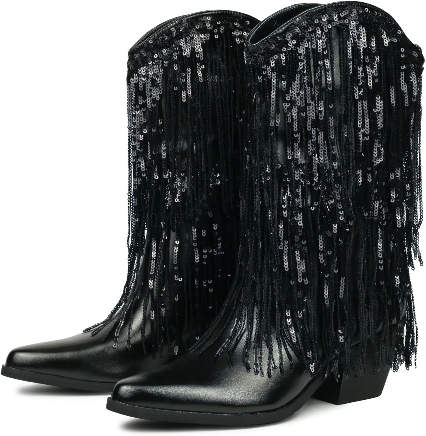 HiColor women's leather-like thick-heeled western pointed booties Black tassels & sequins decorated fashionable boots