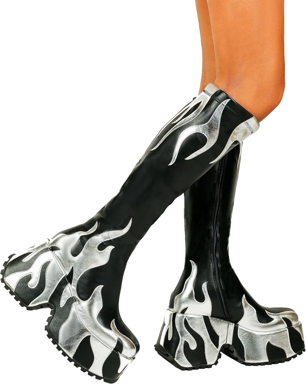 HiColor women’s side zipper high heeled Flames Printing Chunky sole boots tall boots round toe boots