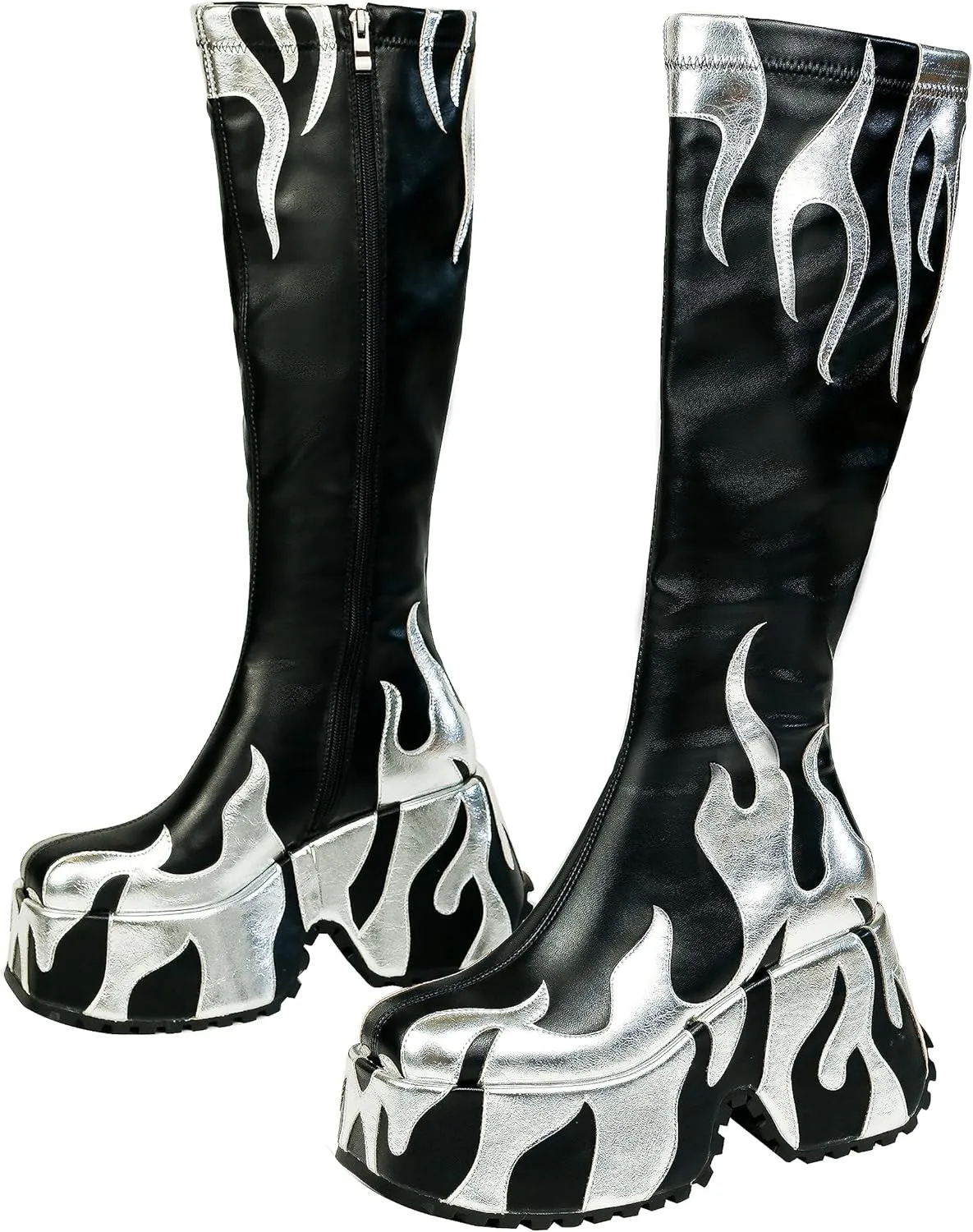 HiColor women’s side zipper high heeled Flames Printing Chunky sole boots tall boots round toe boots