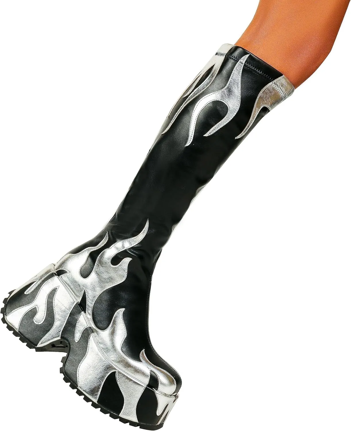HiColor women’s side zipper high heeled Flames Printing Chunky sole boots tall boots round toe boots