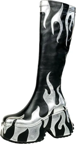 HiColor women’s side zipper high heeled Flames Printing Chunky sole boots tall boots round toe boots