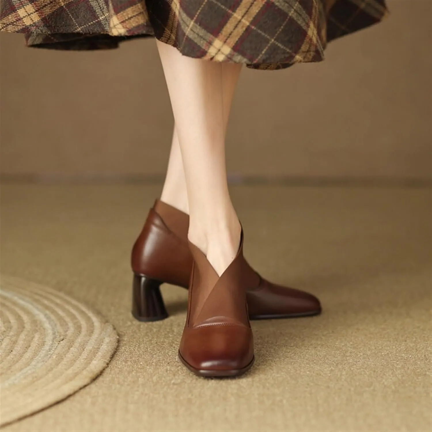 High Heels Spring Women's Square Toe High Heels Thick Heeled Split Leather Boots for Autumn